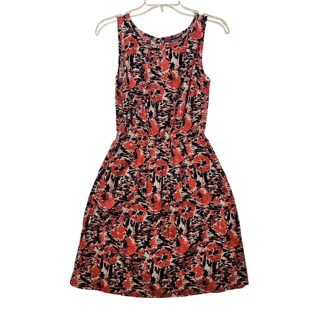 Columbia Women Orange Navy Floral Linen Cotton Sleeveless Pocket Dress‎ XS